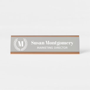 Classic White Laurels & Monogram   Personalized Desk Name Plate