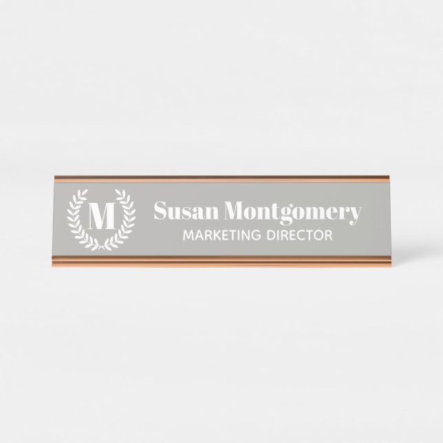 Classic White Laurels & Monogram | Personalized Desk Name Plate (Front)