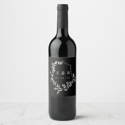 Classic White Leafy Crest on Black Monogram Wine Label