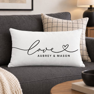 Classic White Love Heart Script Couple Names Lumbar Pillow