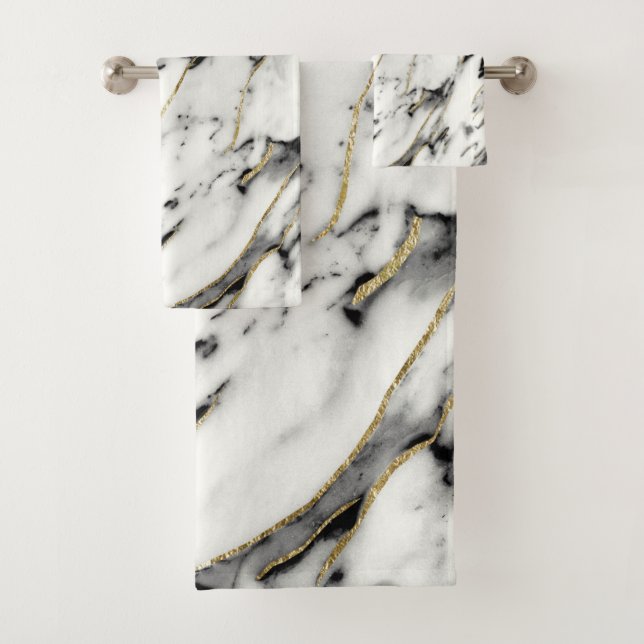 Classic White Marble Gold Foil Glam #1 Bath Towel Set (Insitu)