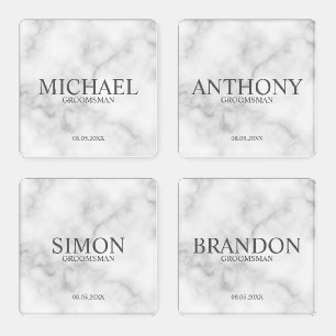 Classic White Marble Personalized Groomsman Coaster Set