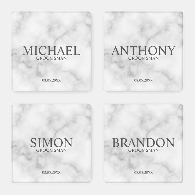 Classic White Marble Personalized Groomsman Coaster Set (Set)