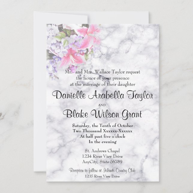 Classic White Marble Pink Lily Traditional Wedding Invitation (Front)