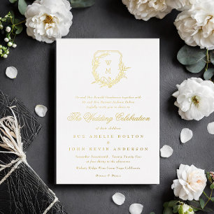 classic white monogrammed wedding gold crest foil invitation