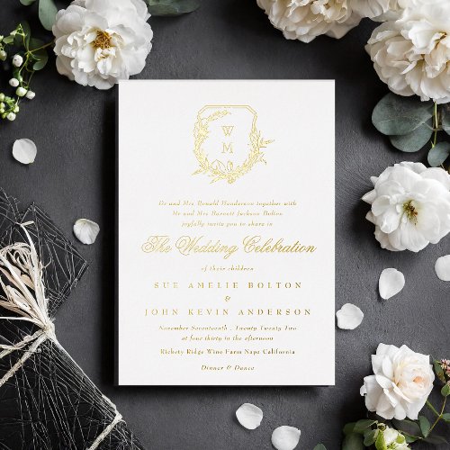 classic white monogrammed wedding gold crest foil invitation