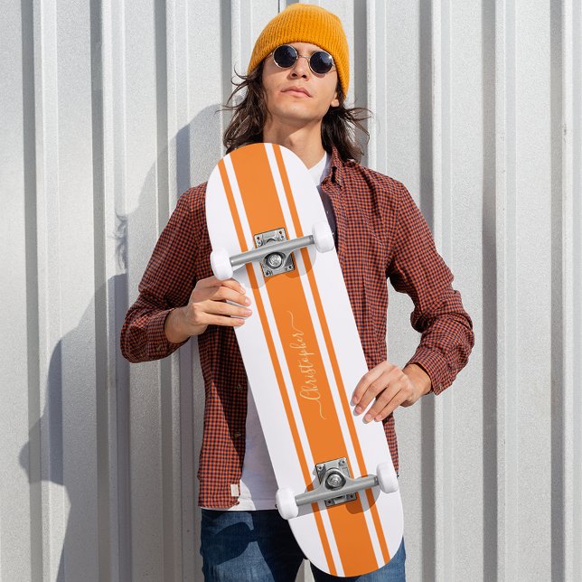 Classic White Orange Racing Stripes Gold Monogram Skateboard (Classic White Orange Racing Stripes Gold Monogram Skateboard)
