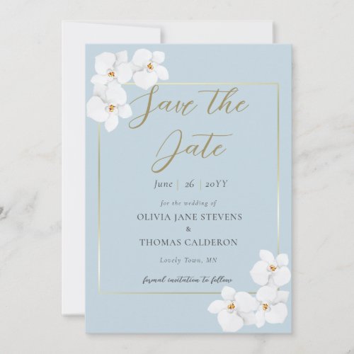 Classic White Orchids Watercolor Blue Save Date Invitation