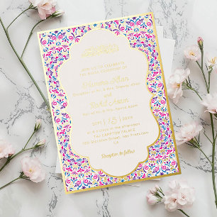 Classic White Pearl Jewel Gold Muslim Wedding Foil Invitation