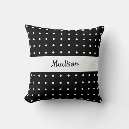 Classic White Polka Dot Pattern on Black with Name Throw Pillow