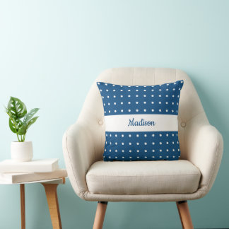 Classic White Polka Dot Pattern on Blue with Name Throw Pillow