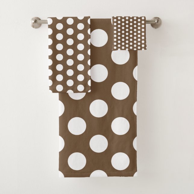Classic White Polka Dots on Brown Bath Towel Set (Insitu)
