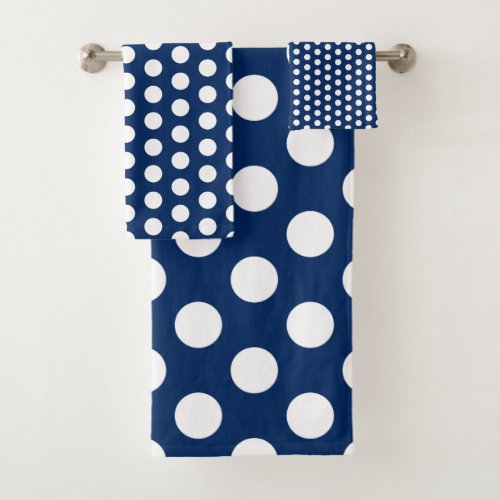 Classic White Polka Dots on Navy Blue Bath Towel Set