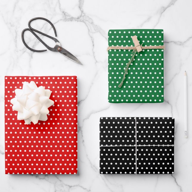 Classic White Polka Dots On Red Green Black Wrapping Paper Sheets (Front)