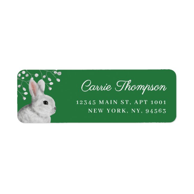 Classic White Rabbit & Florals Green Address Label (Front)