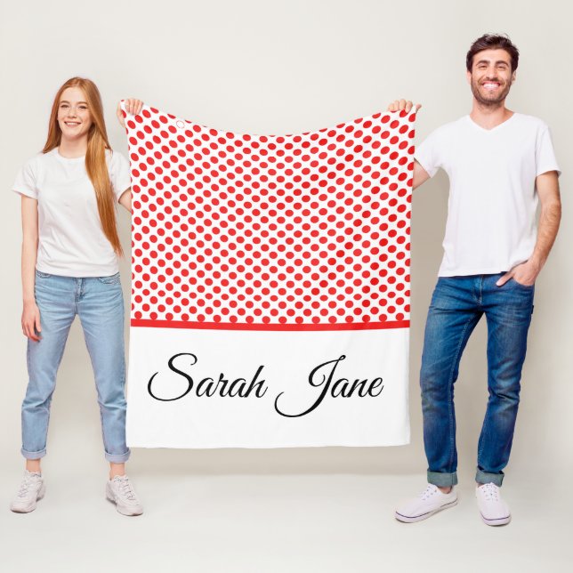 Classic white Red Polka dots | Personalized name Fleece Blanket (In Situ)