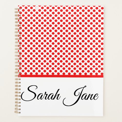 Classic white Red Polka dots  Personalized name Planner