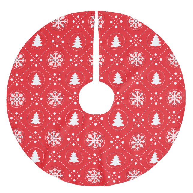 Classic White Red Winter Christmas Pattern Brushed Polyester Tree Skirt (Front)