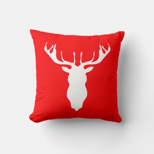 Classic White Reindeer Head Silhouette on Red Throw Pillow