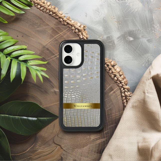 Classic White Reptile Digital Leather Gold Metal Otterbox iPhone Case (Creator Uploaded)