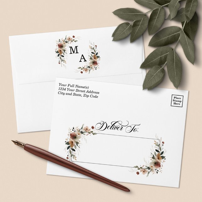 Classic White Rustic Floral Wedding Invitation Envelope (Send your invites with the timeless beauty 💌 of our Ethereal Elegance monogram floral design.)