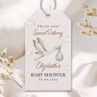 Classic White Stork Baby Shower Neutral Gift Tags