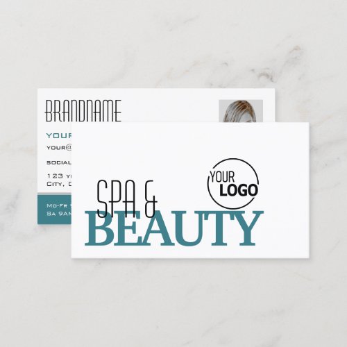 Classic White Teal Stylish Simple Logo and Photo Business Card