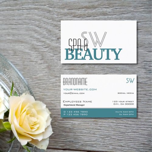 Classic White Teal Stylish Simple with Monogram Business Card