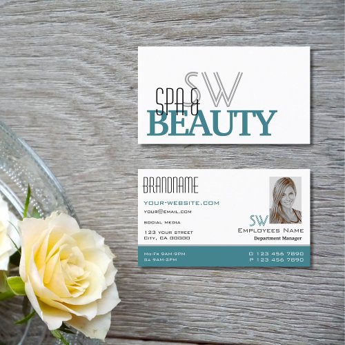 Classic White Teal Stylish with Monogram and Photo Business Card