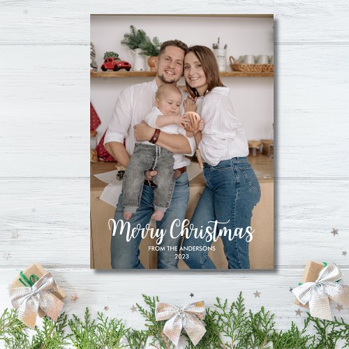 Classic White Text and Faux Leather Back Christmas Holiday Card