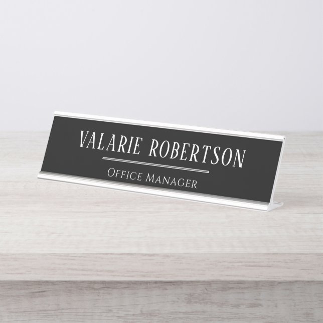 Classic White Text Black Background Office  Desk Name Plate (Front)