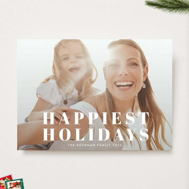 Classic White Typography Photo HAPPIEST Christmas Holiday Card (Creator Uploaded)