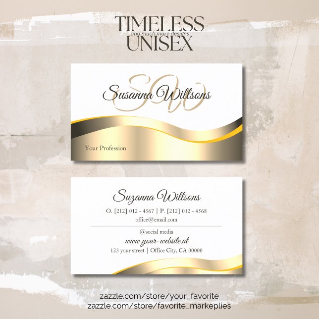 Classic White Wavy Gold Decor with Initials Deluxe Business Card (Creator Uploaded)