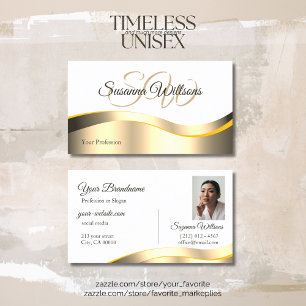 Classic White Wavy Gold Decor with Initials Photo Business Card