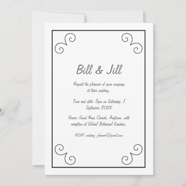 Classic White With Black Scroll Border Wedding Invitation (Front)