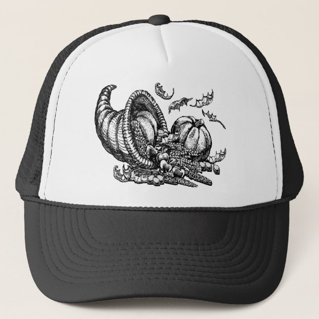 Classic Wicker Cornucopia Black White Illustration Trucker Hat (Front)