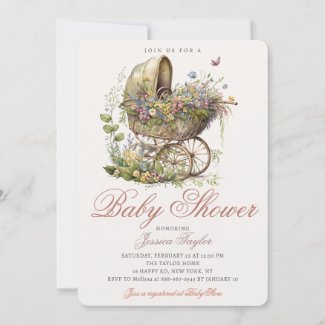 Classic Wicker Stroller Floral Girl Baby Shower