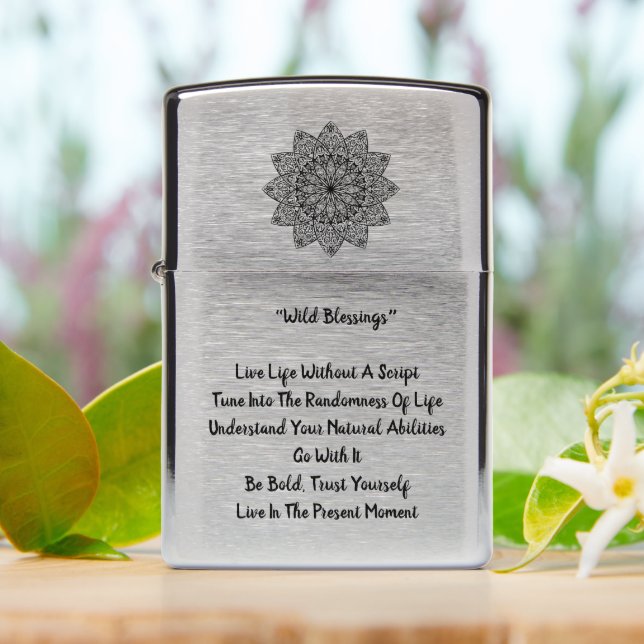 Classic Wild Blessings Quote Flower Mandala Zippo Lighter (On Table)