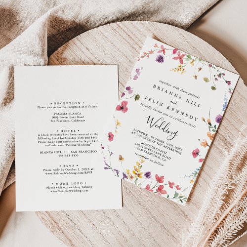 Classic Wild Colorful Floral Front  Back Wedding  Invitation