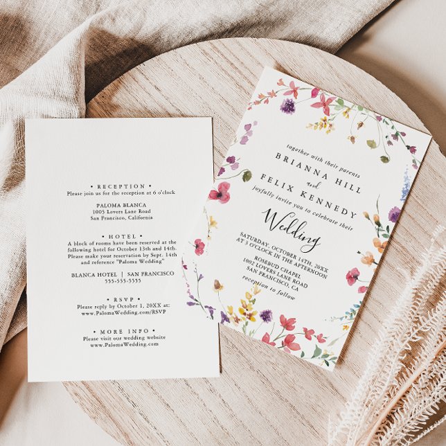 Classic Wild Colorful Floral Front & Back Wedding  Invitation (Creator Uploaded)