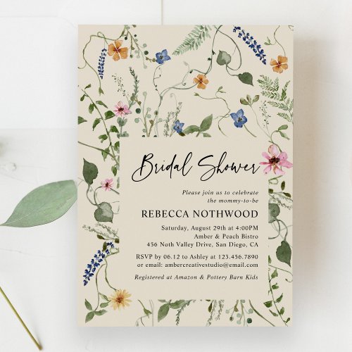 Classic Wild Florals Boho Beige Bridal Shower Invitation