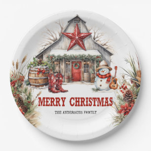 Classic wild west watercolor white barn and holly paper plates