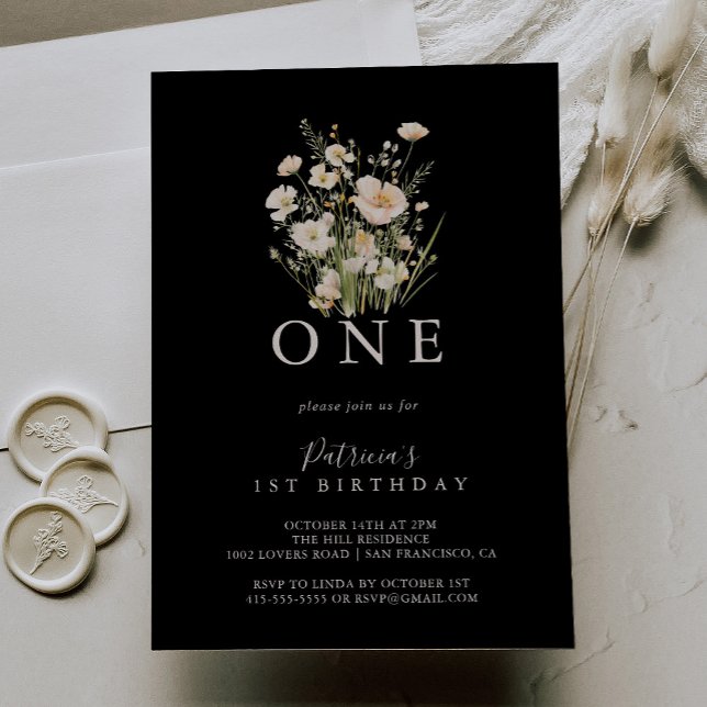 Classic Wildflower Black First Birthday Party Invitation (Creator Uploaded)