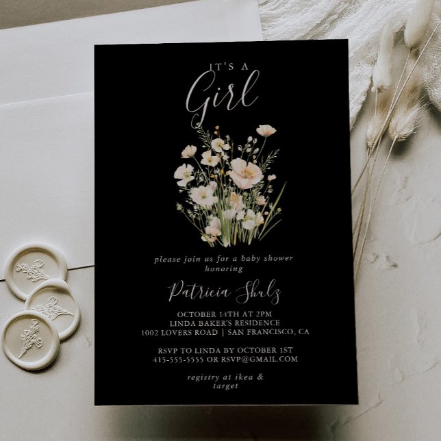 Classic Wildflower Black It's A Girl Baby Shower Invitation (Creator Uploaded)