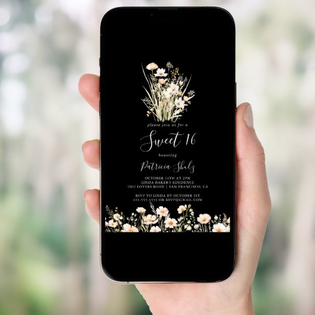Classic Wildflower Black Sweet 16 Birthday Party Invitation (Front Digital)