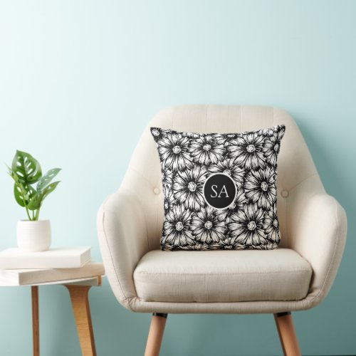 Classic Wildflower Black White Floral Throw Pillow