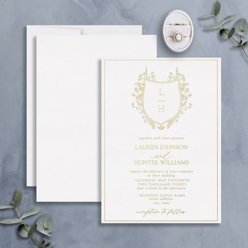 Classic Wildflower Monogram Crest Wedding Gold  Foil Invitation