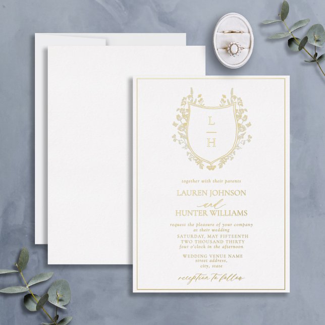 Classic Wildflower Monogram Crest Wedding Gold  Foil Invitation (Creator Uploaded)