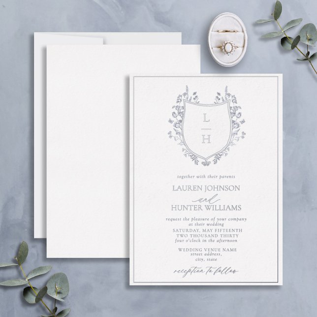 Classic Wildflower Monogram Crest Wedding Silver Foil Invitation (Creator Uploaded)