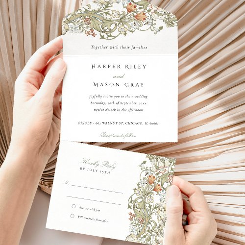 Classic William Morris Tear_Away RSVP Wedding All In One Invitation